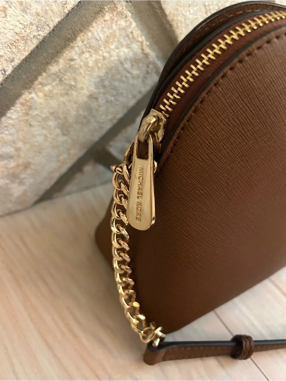 Michael Kors Chestnut Saffiano Leather Dome Crossbody with Gold Hardware